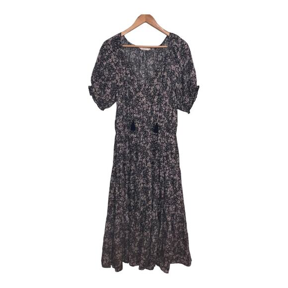 Lucky Brand Boho Smocked Waist Peasant Tassel Tie Floral Midi Maxi Dress M - Picture 1 of 9